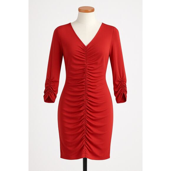 Sofia Vergara Scarlet Ruched Bodycon Dress M V-Neck Long Sleeve‎ Date-Night Chic - Picture 1 of 8